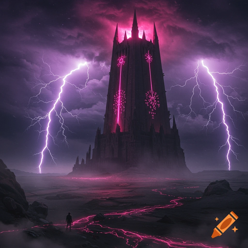 A dark, jagged gothic tower glows pink under a stormy purple sky with lightning and mystical symbols. A figure stands in a barren, misty landscape.