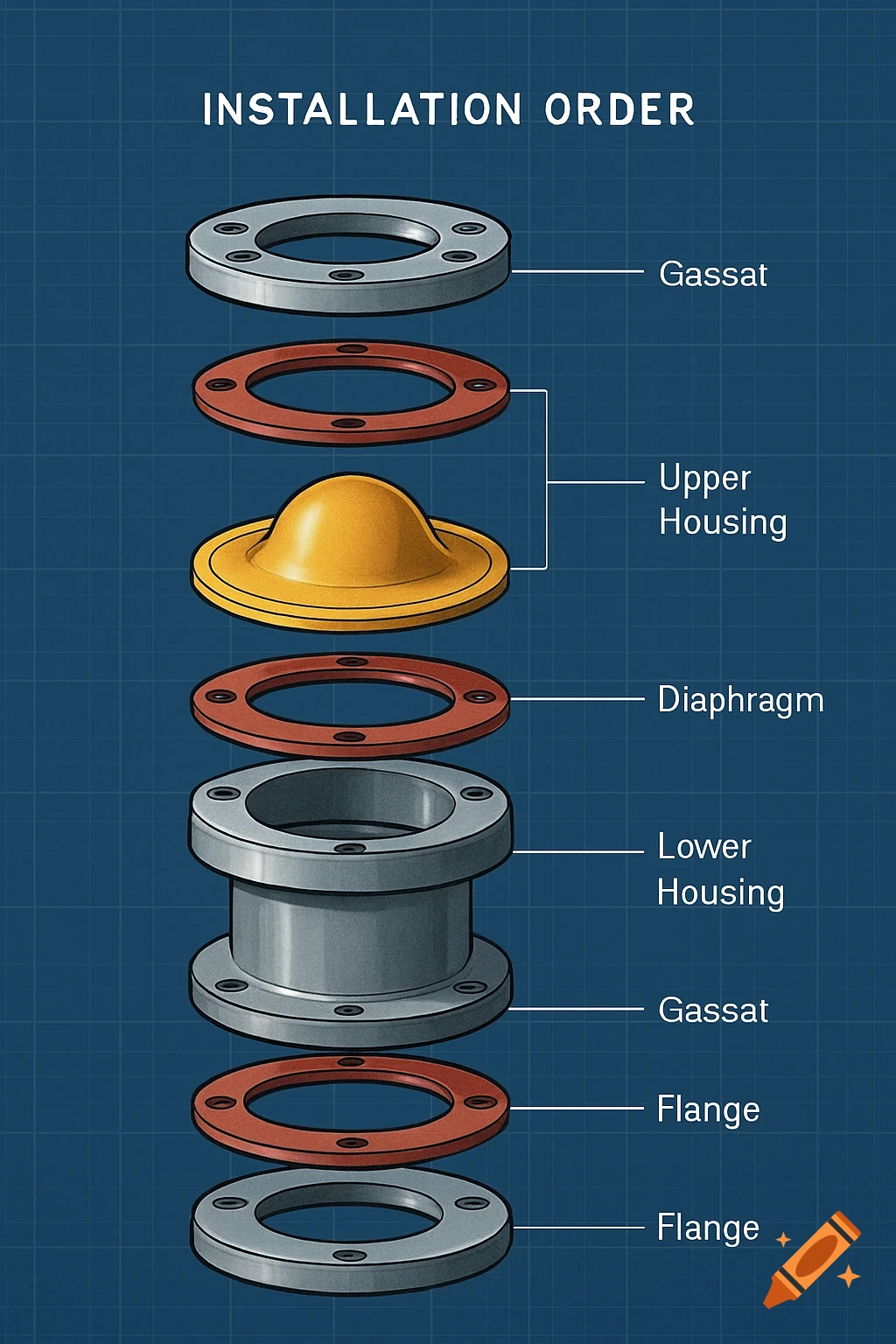 Exploded view diagram illustrating the installation order of mechanical parts including flanges, gaskets, and housing components.