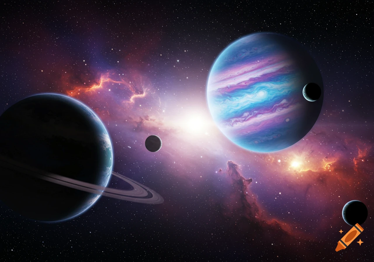 Colorful space scene with multiple planets, moons, and nebulae glowing against a starry background.