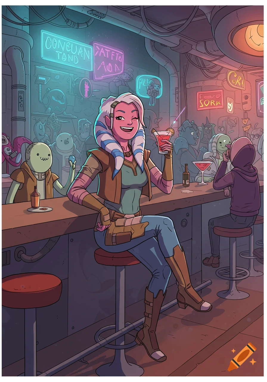 A female alien character with white and blue head-tails sits at a bar, winking and holding a drink, in a cartoon sci-fi cantina.