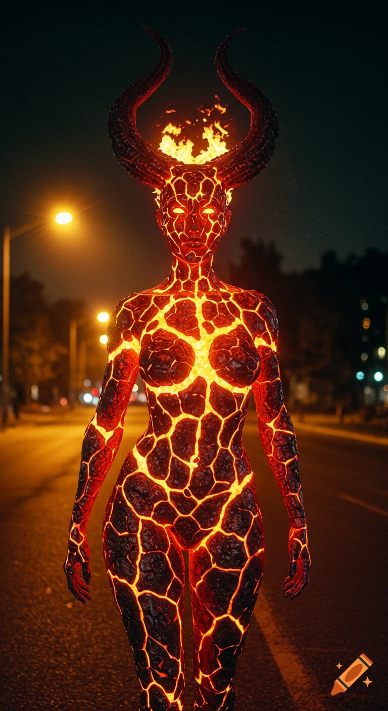 Photorealistic image of a fiery lava-skinned humanoid creature with horns and flames on its head, standing on a dark city street.