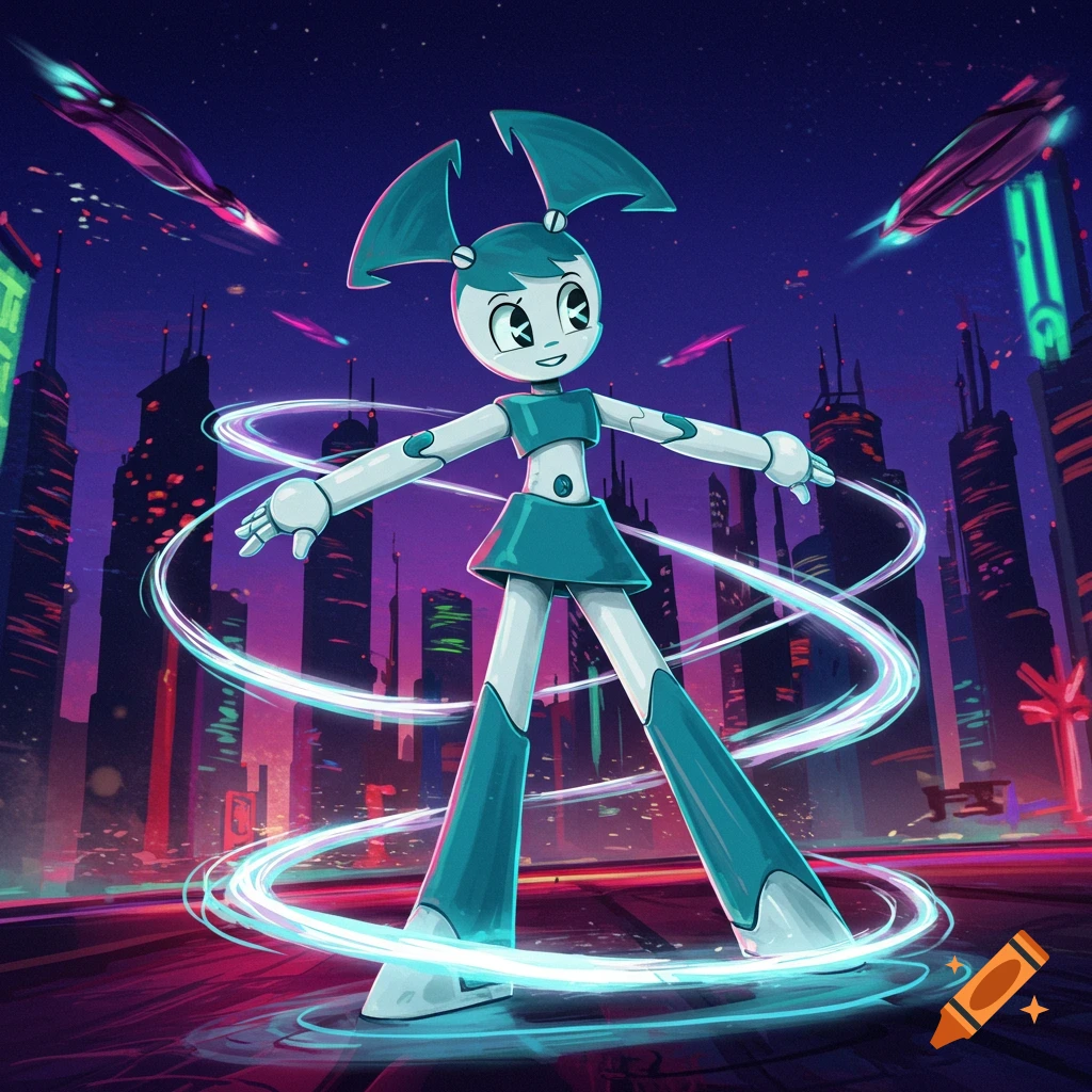 Jenny Wakeman, a robot character, spins with light trails in a vibrant, futuristic cityscape at night, in a cartoon style.
