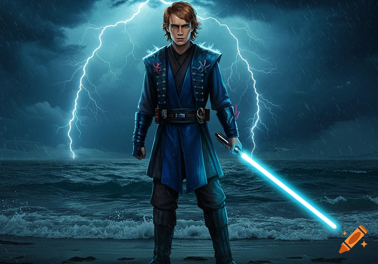 Anakin Skywalker in blue attire holds a lightsaber on a stormy beach with lightning.