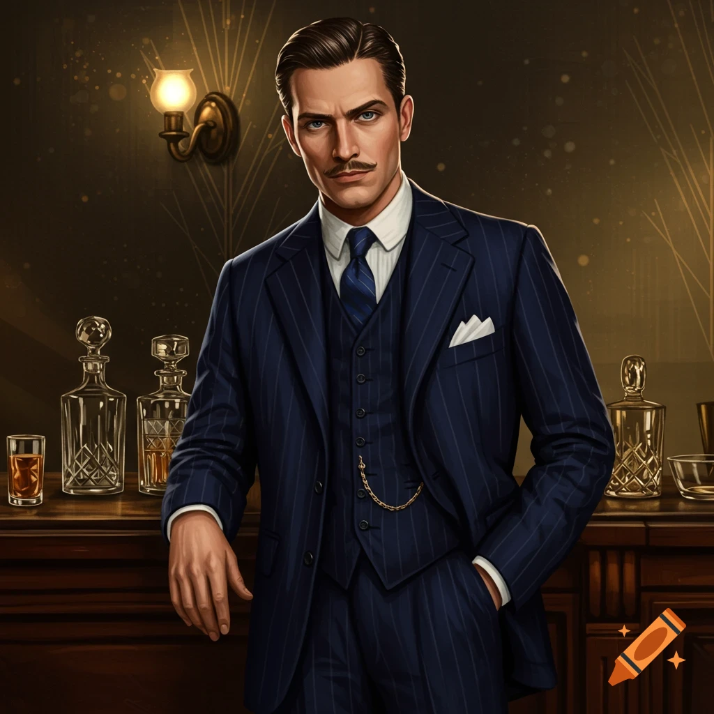 A handsome man in a pinstripe suit with a mustache leans on a bar, in a vintage, Art Deco style.