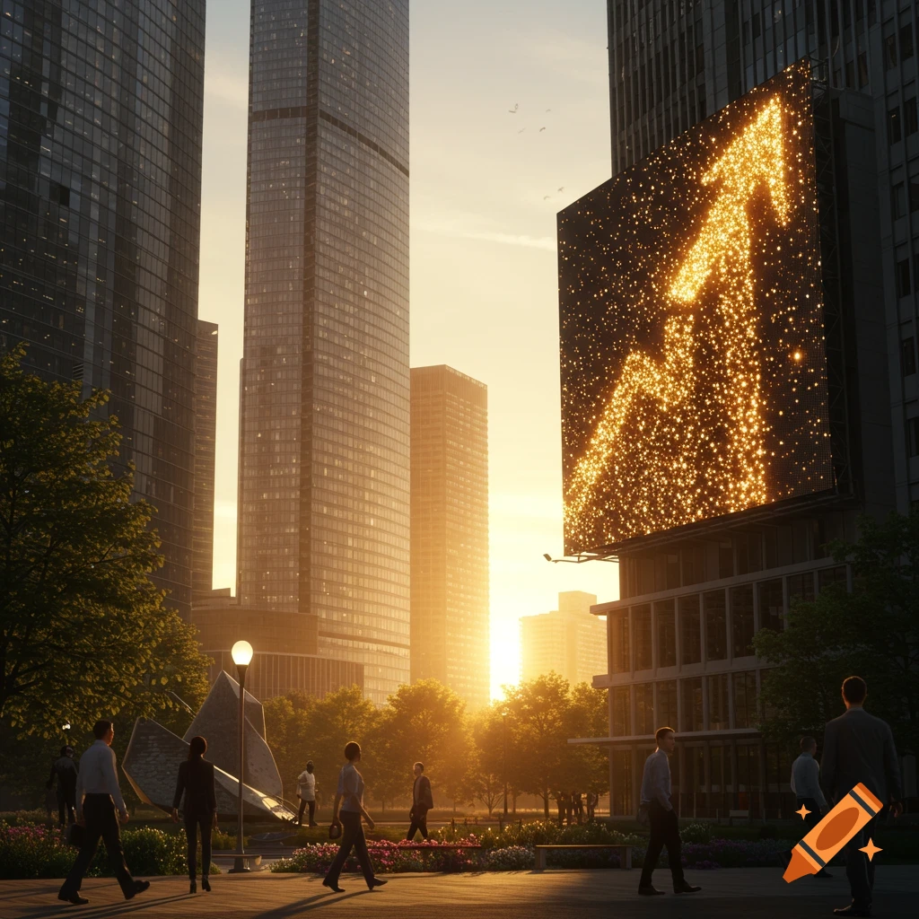 Photorealistic city street at sunset with skyscrapers and a glowing upward arrow on a large digital billboard.
