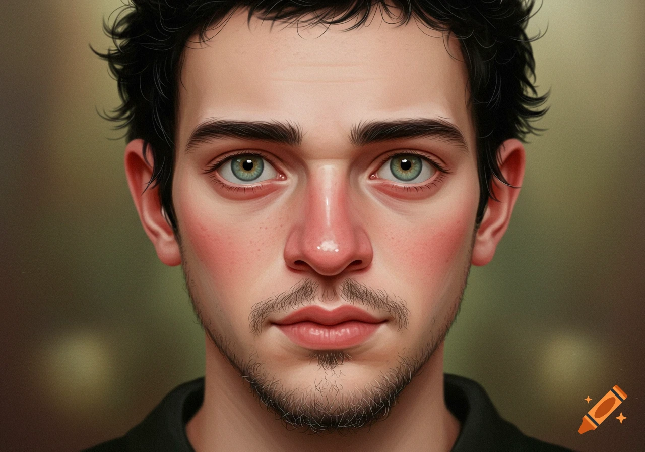 Close-up digital art portrait of a man with black curly hair, green eyes, prominent nose, and stubble beard.