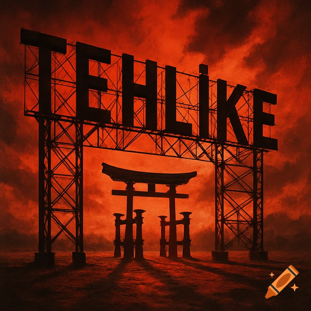 Ominous TEHLİKE sign and a Torii gate silhouetted against a dramatic red, cloudy sky in a desolate landscape.