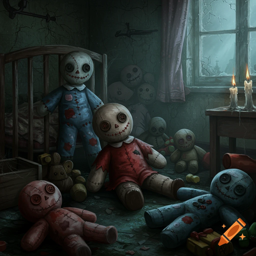 A dimly lit, eerie room filled with several old, stitched ragdolls with button eyes, some on the floor, one in a crib. Moonlight and candlelight illuminate the creepy scene.
