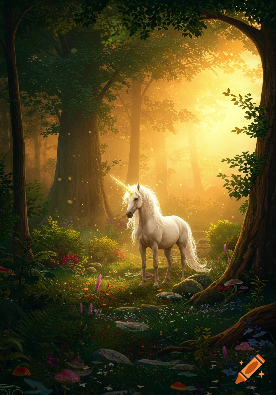 A majestic glowing white unicorn stands in an enchanted, sunlit forest filled with wildflowers and ancient trees.