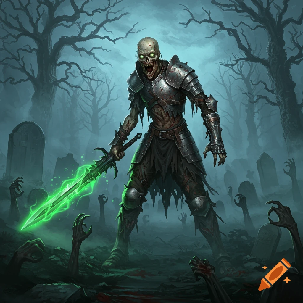Armored zombie warrior with glowing eyes and a green sword stands in a foggy graveyard with hands rising from graves. Dark fantasy art.