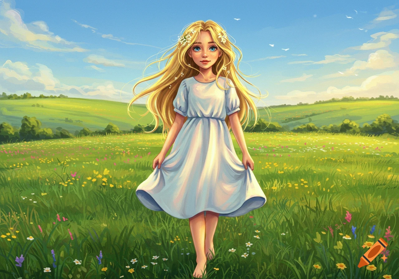 Illustrated blonde girl with long hair, wearing a white dress, walking barefoot in a vibrant green field filled with wildflowers under a blue sky.