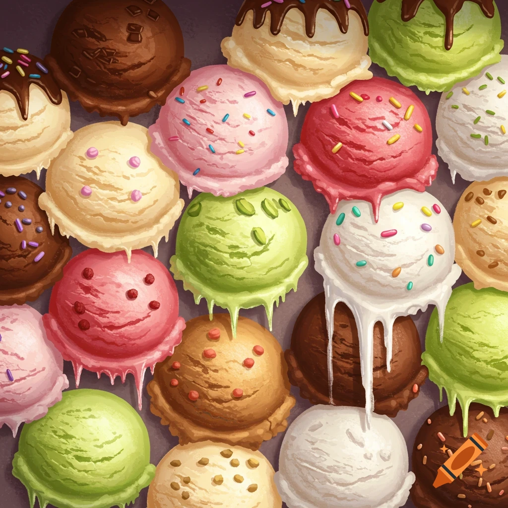 A colorful wall covered in various melting ice cream scoops including chocolate, strawberry, vanilla, and pistachio flavors.