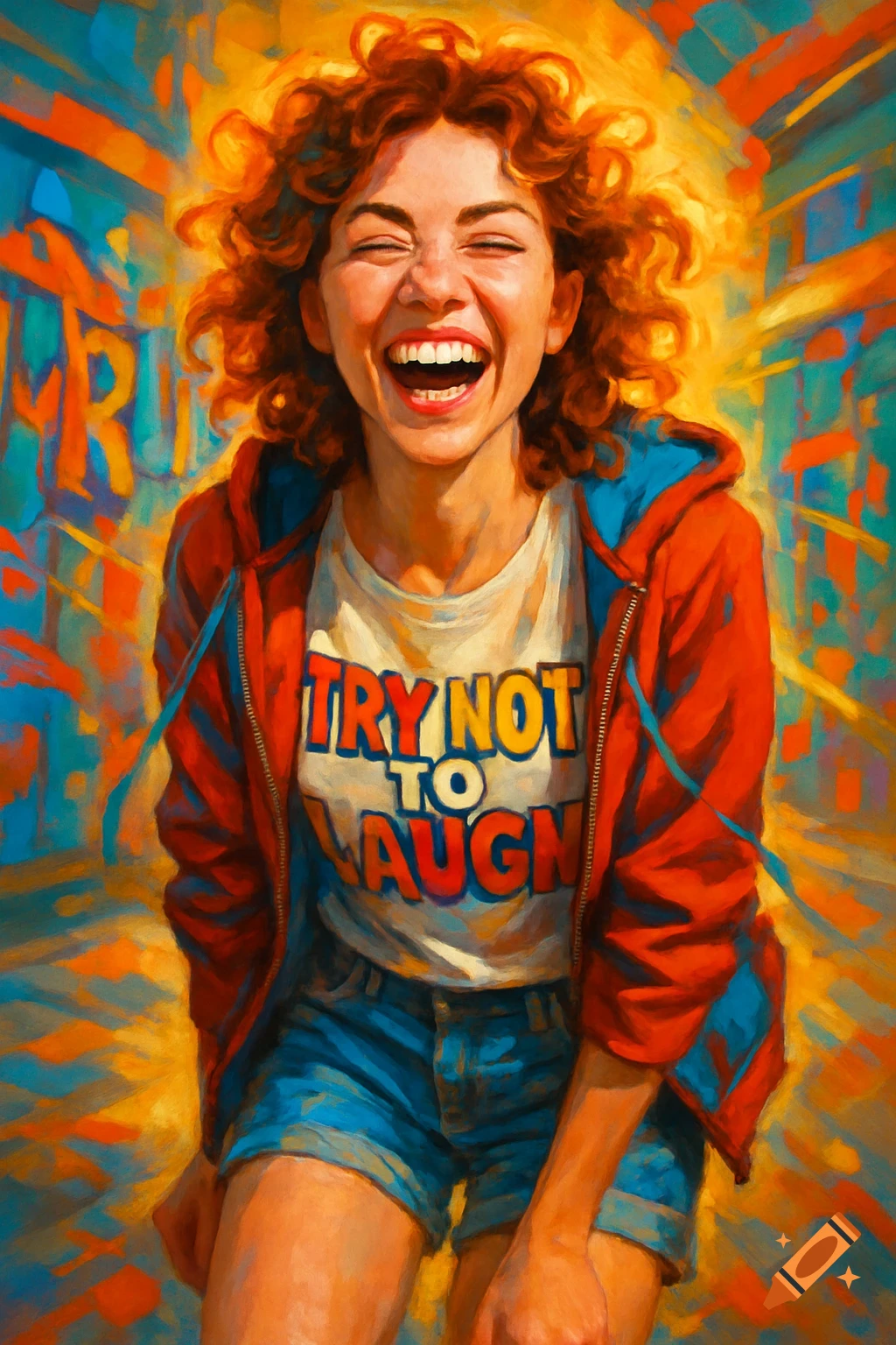 A laughing woman with curly red hair, wearing a t-shirt and red hoodie, against a vibrant, abstract background.