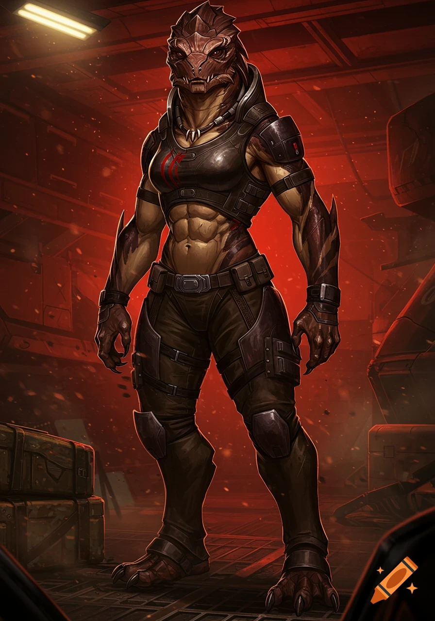 Muscular female Krogan mercenary in dark combat armor with tribal face markings stands in a red-lit sci-fi interior.