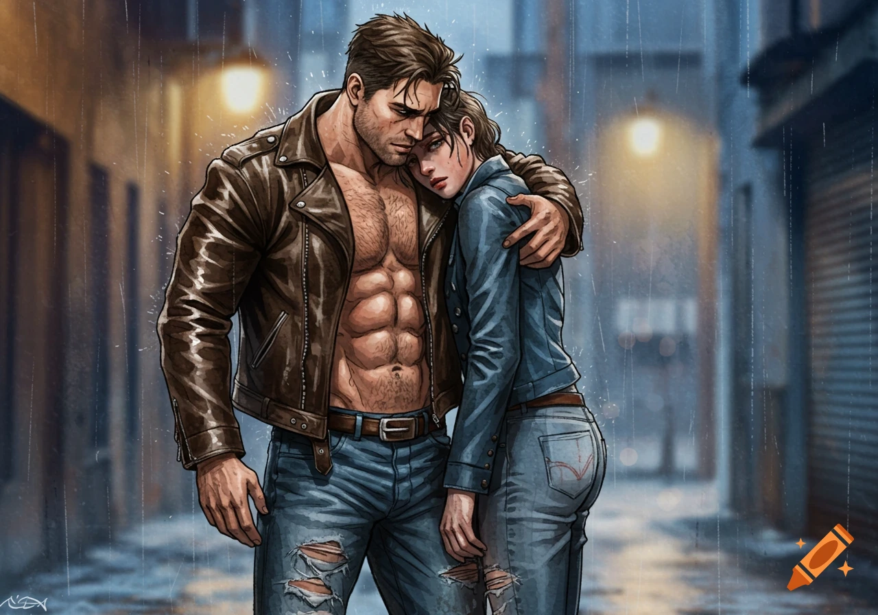Watercolor illustration of a muscular man in a leather jacket embracing a woman in ripped jeans on a rainy urban street.