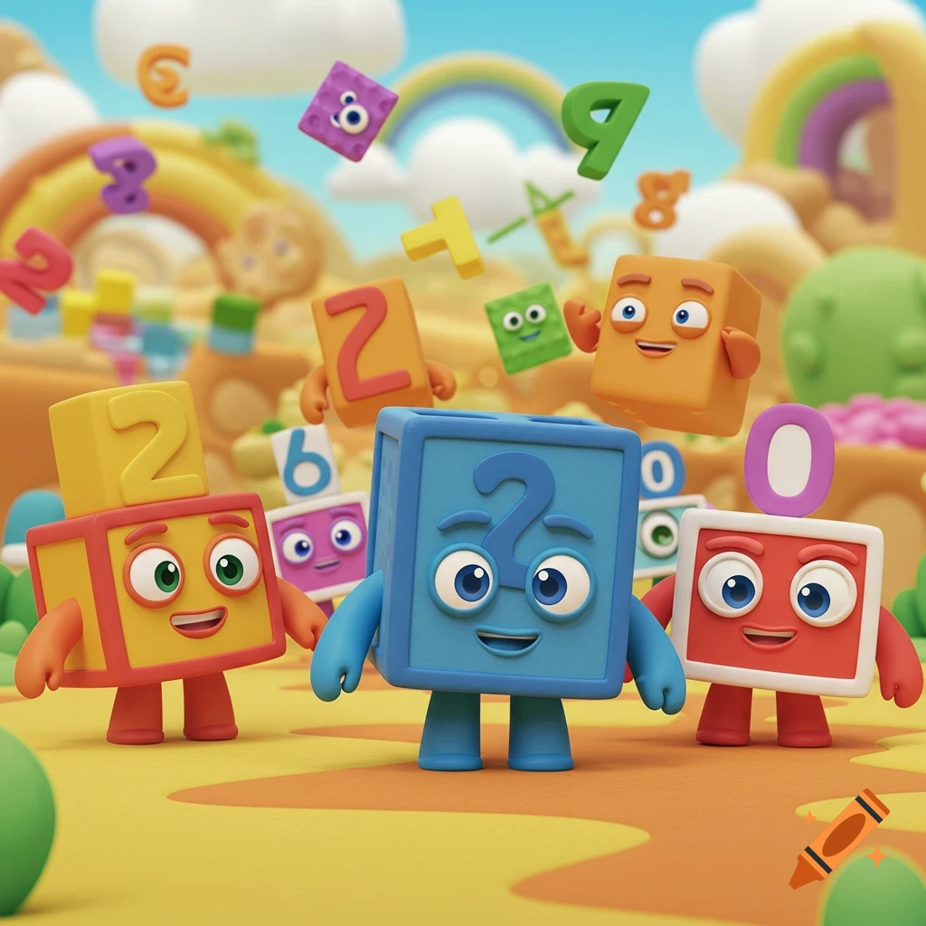 Colorful animated block characters with numbers, like Numberblocks, playing in a bright, whimsical outdoor setting with a rainbow.