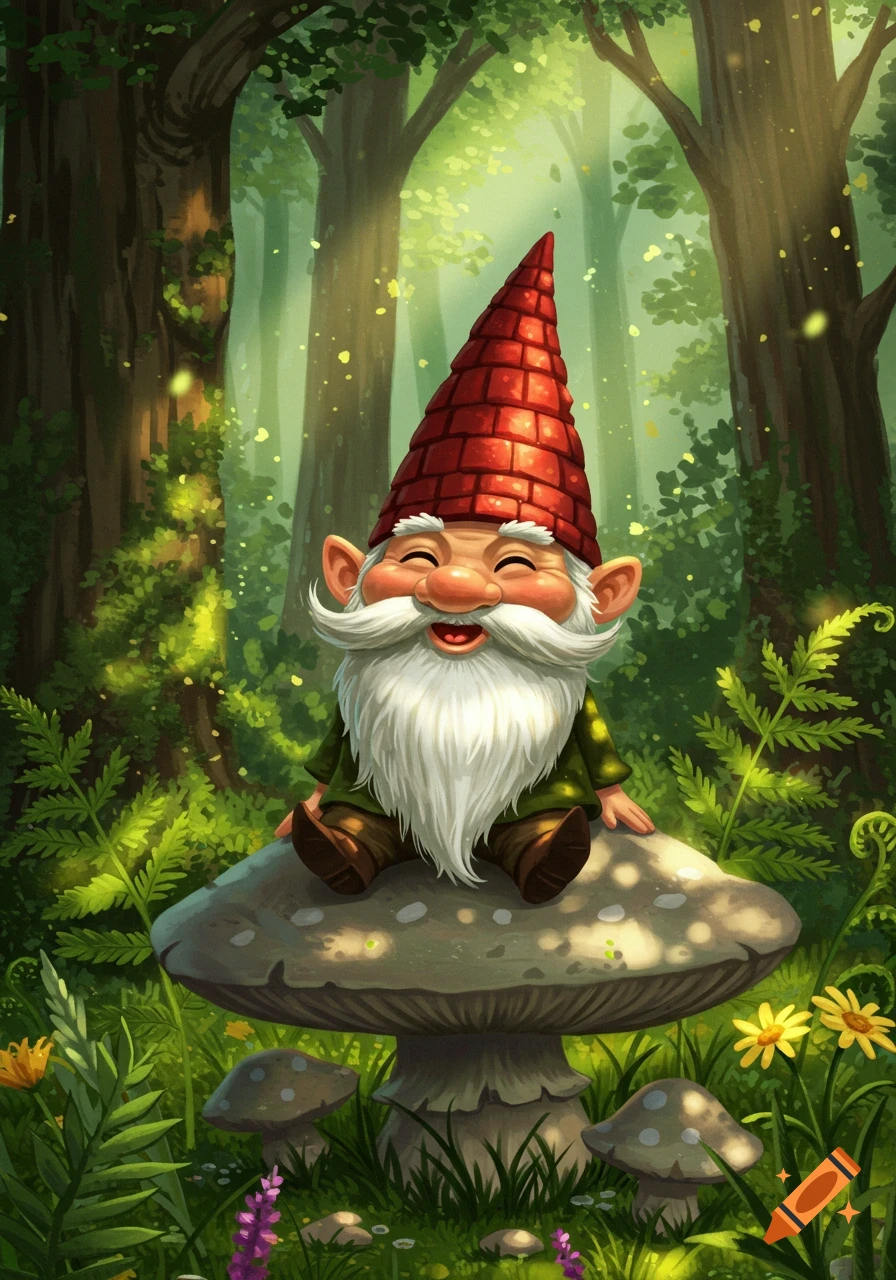 A cheerful, bearded gnome with a red hat sits on a mushroom in a sunlit, vibrant forest, in an illustration style.