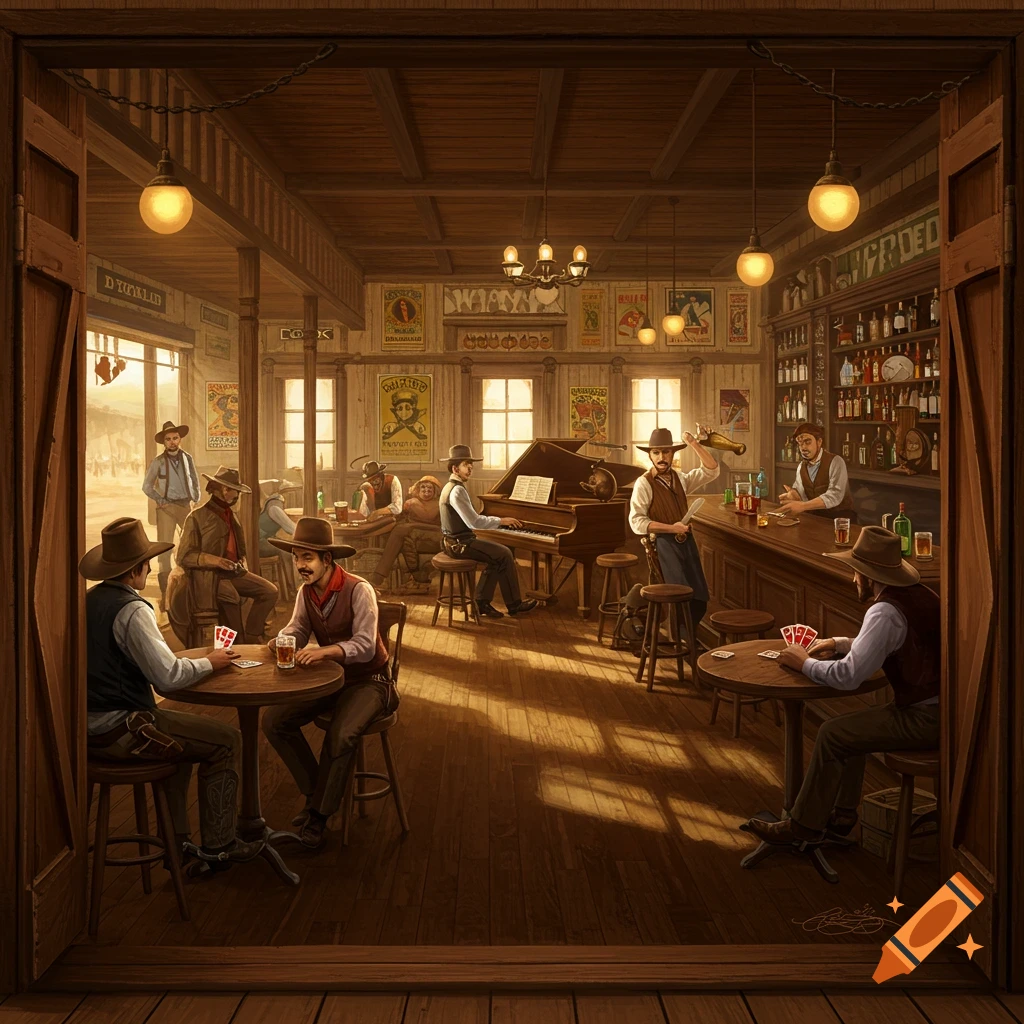 An artistic illustration of a bustling Old West saloon with cowboys playing cards, drinking, and a man playing piano.