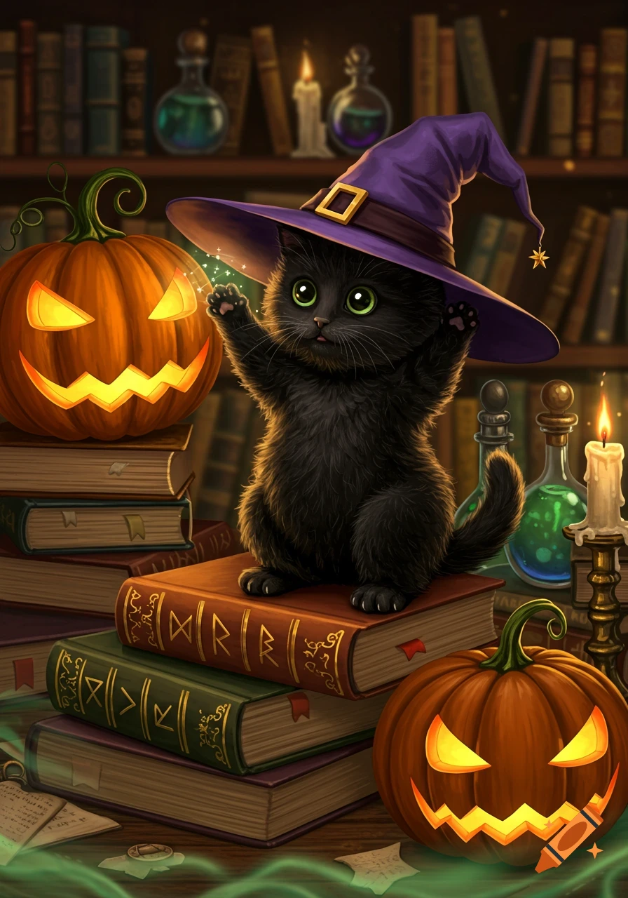 A cute black kitten wearing a witch's hat sits on a stack of books with glowing jack-o'-lanterns, potions, and candles.