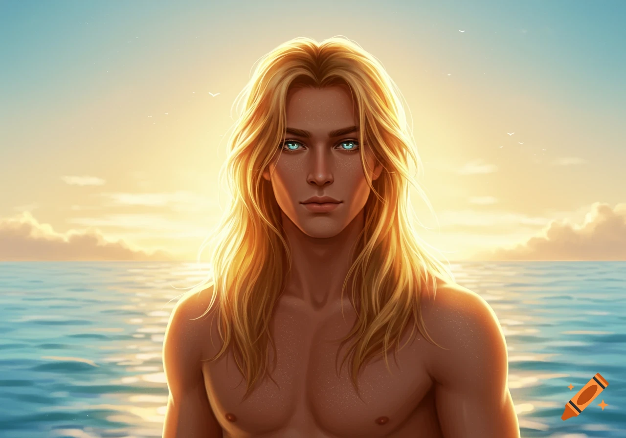 A digital illustration of a shirtless man with long blonde hair and glowing blue eyes, standing in the ocean at sunset.