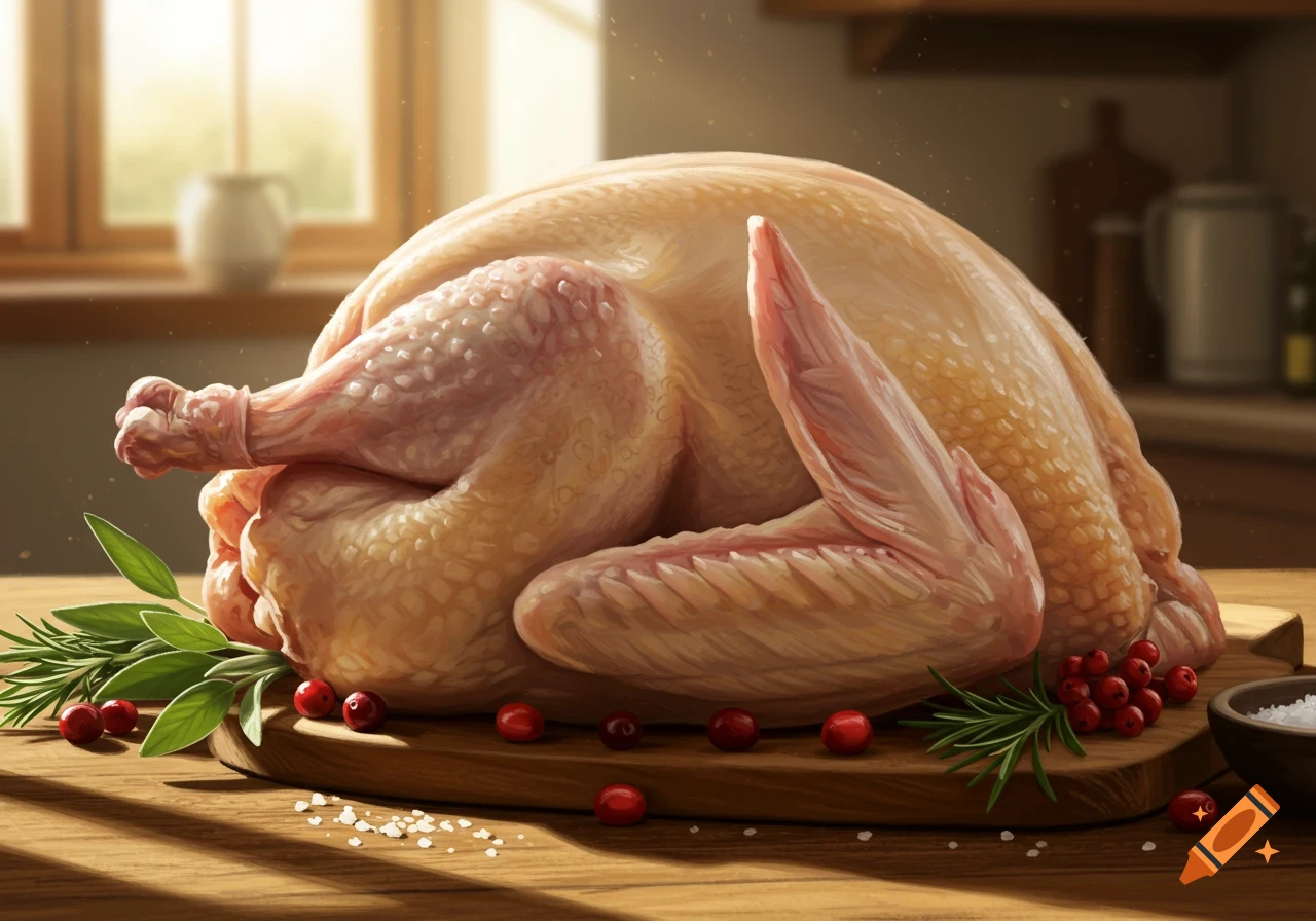 A raw, plucked turkey on a wooden cutting board with cranberries and herbs in a sunlit kitchen.