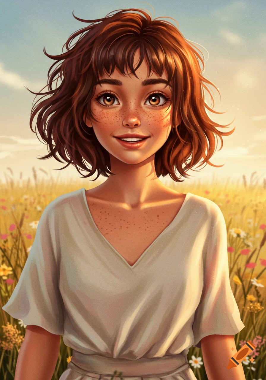 A smiling young girl with brown bob hair, freckles, and brown eyes stands in a sunny field of wildflowers, digital illustration.