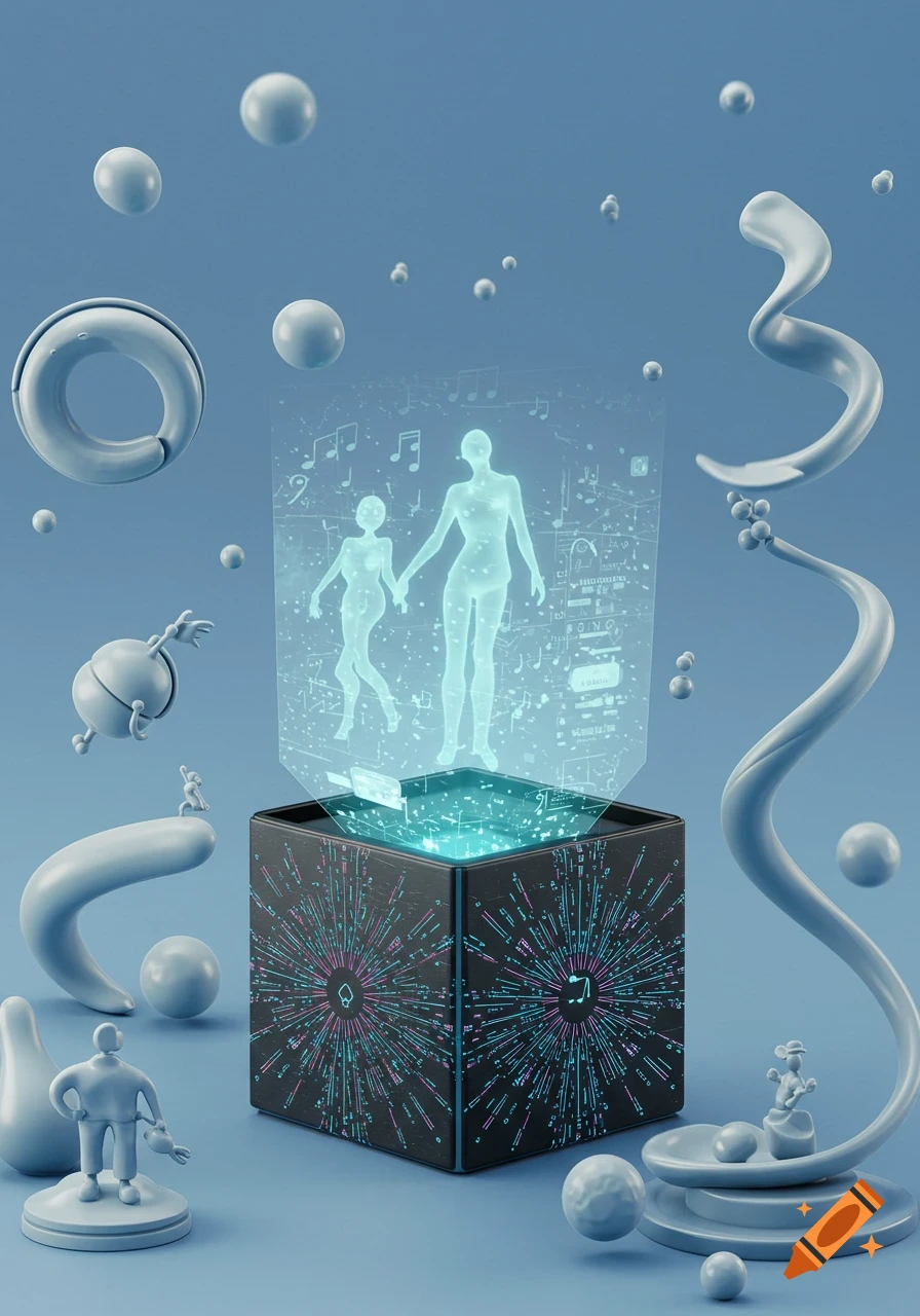 A glowing black cube projects a blue hologram of stylized human figures and musical notes, surrounded by abstract white 3D shapes and floating spheres on a light blue background.
