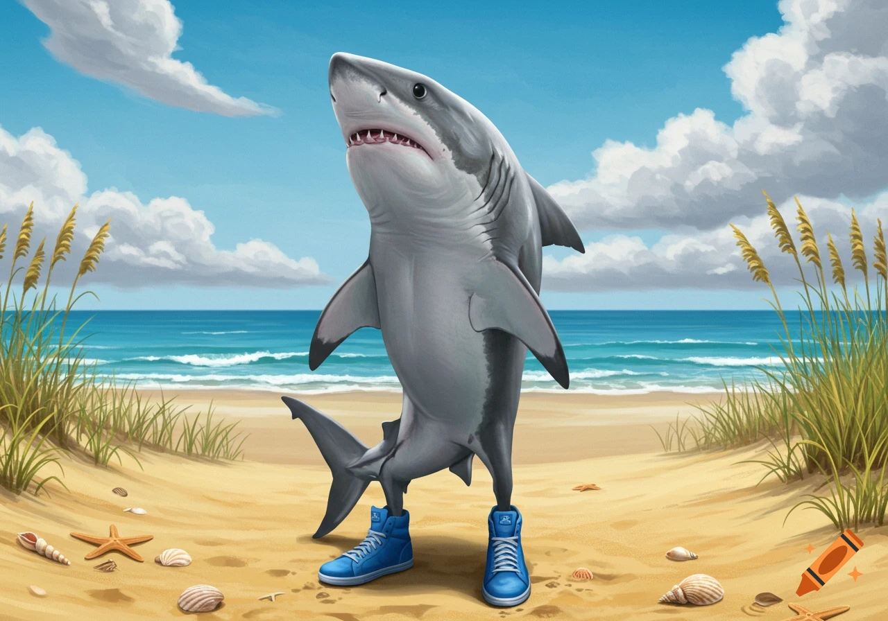 A cartoon great white shark stands upright on a sandy beach wearing blue sneakers, with ocean and sky in the background.