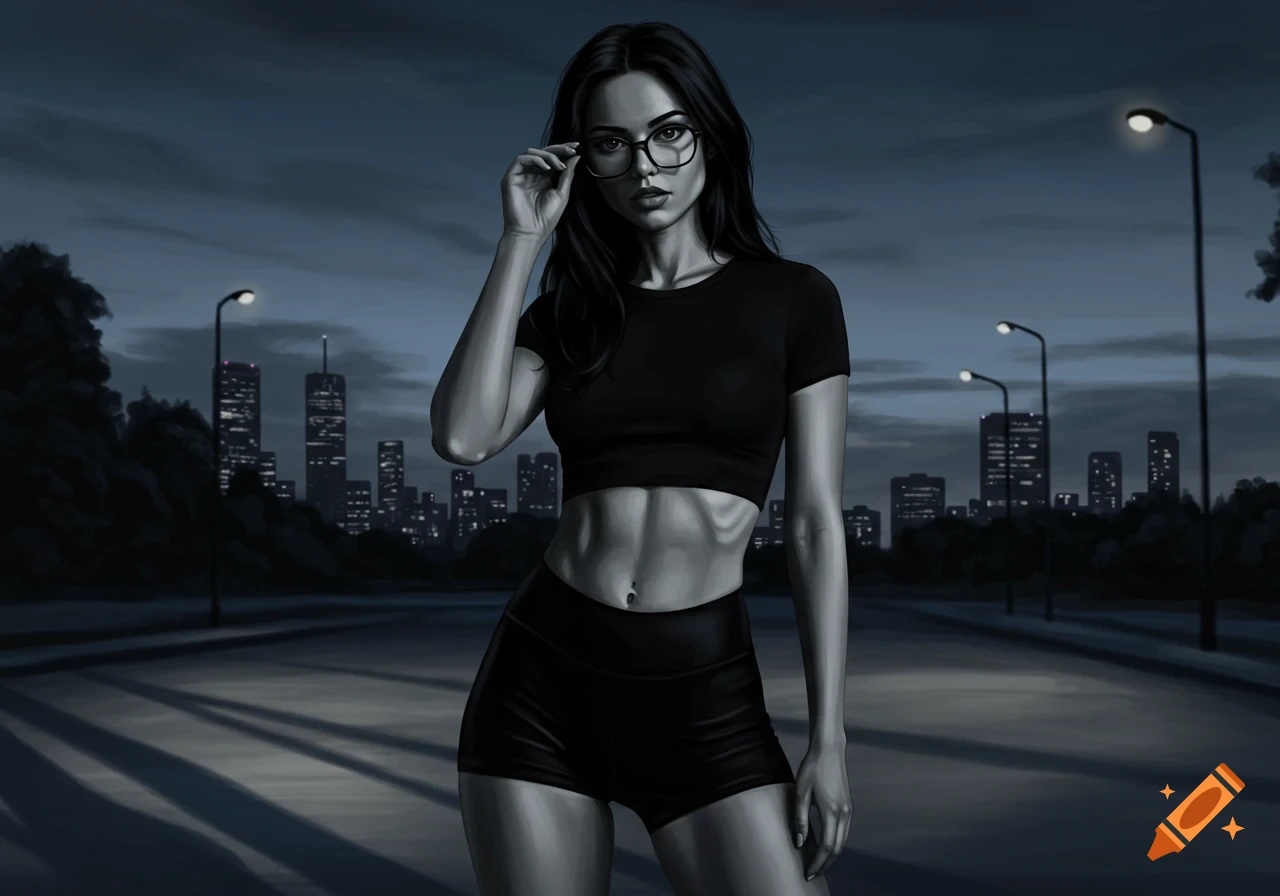 A stylized portrait of a woman in a black crop top, black shorts, and glasses, standing on a road with a cityscape at night.