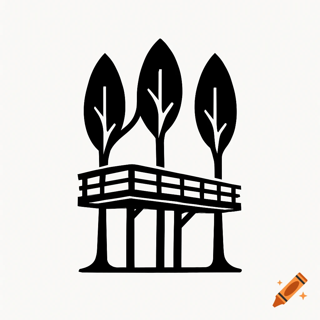 Black and white minimalist logo of three stylized trees with an elevated platform resembling a treehouse or walkway.