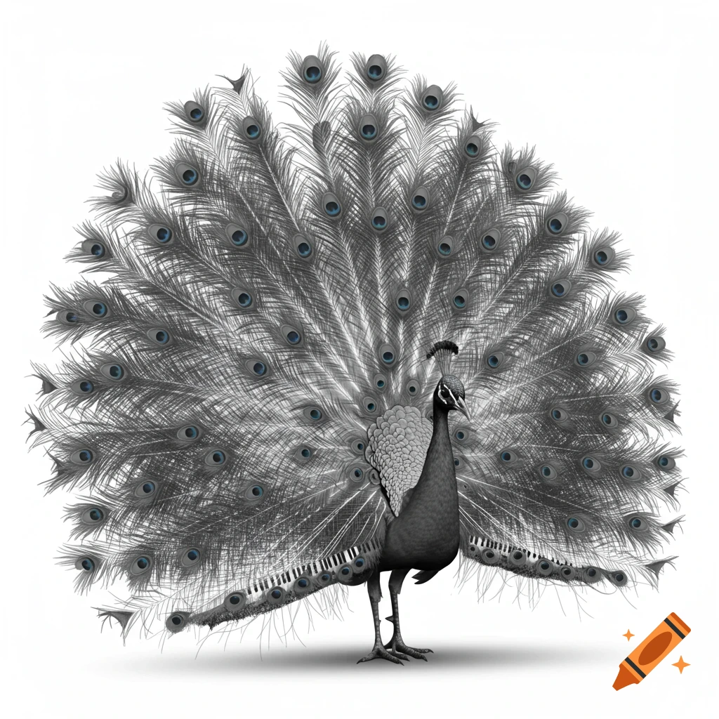 A monochromatic peacock with a fan of gray feathers and blue 'eyes', its lower feathers styled like piano keys, on a white background.
