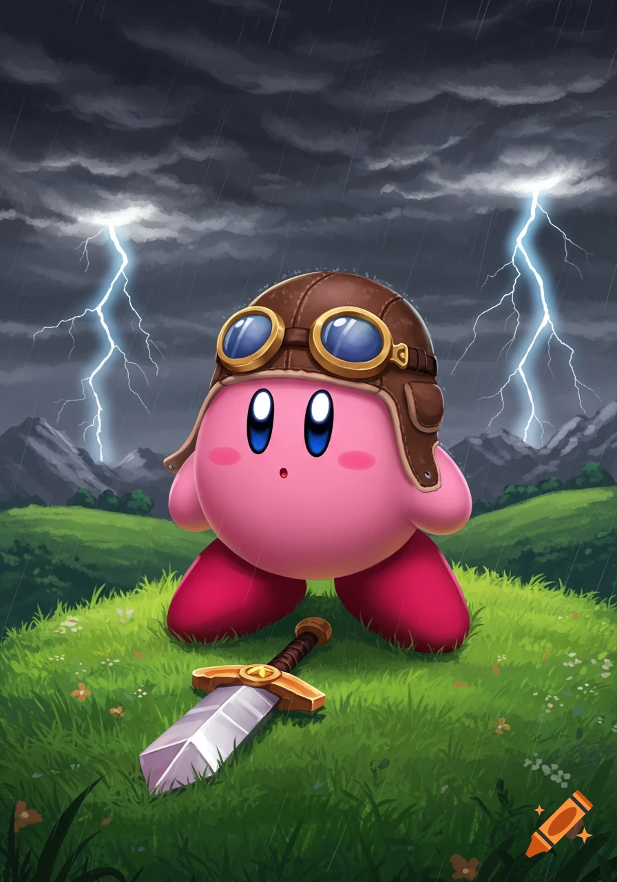Kirby in a pilot hat and goggles stands on a grassy hill with a sword under a stormy, lightning-filled sky in an illustration.