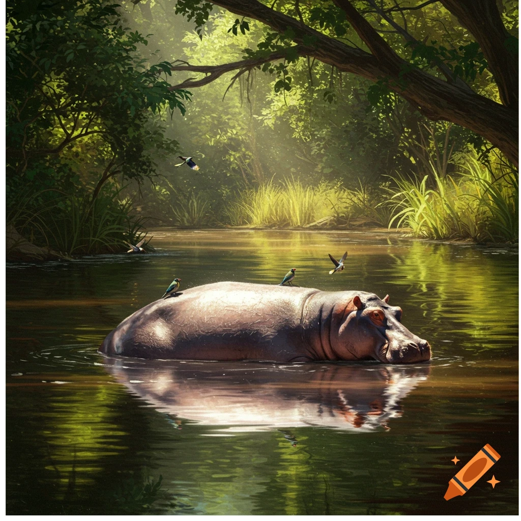 A photorealistic hippo partially submerged in a sunlit river, surrounded by lush green jungle and small birds.