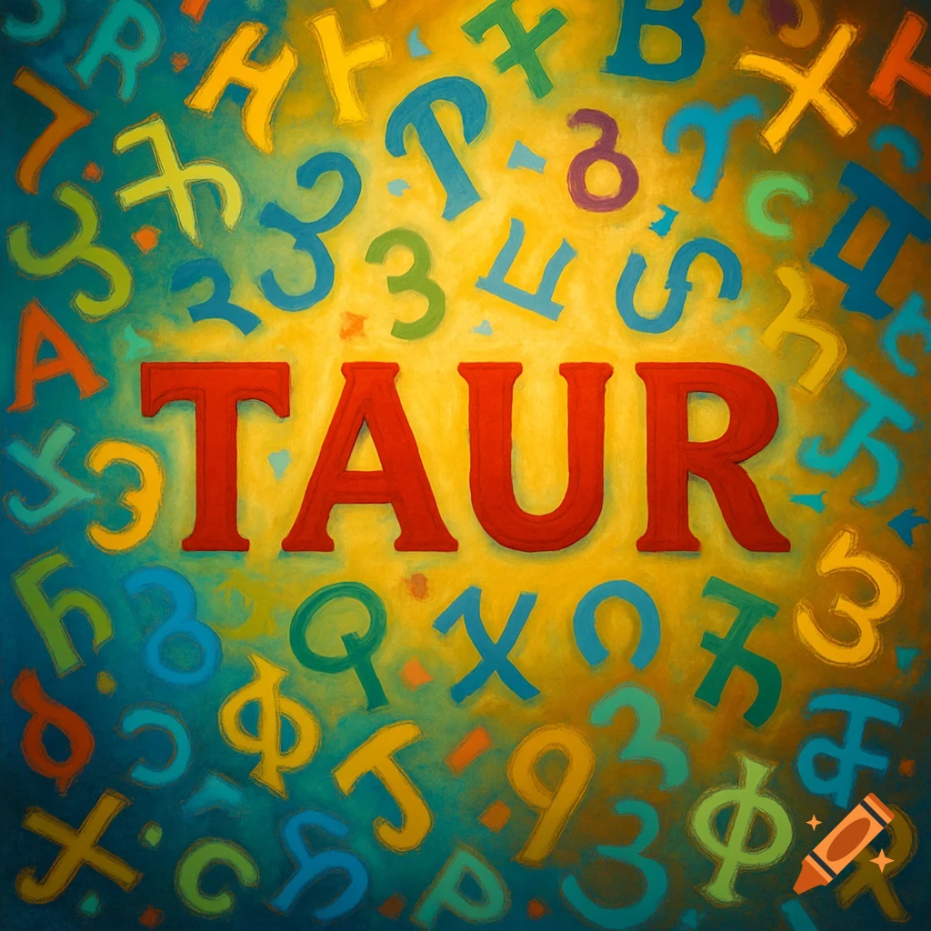 A vibrant, textured painting features the bold red letters "TAUR" centrally, surrounded by a chaotic mix of colorful letters and numbers.