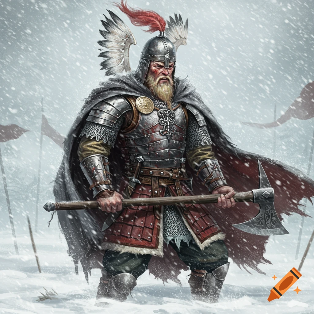 A fierce Polish warrior in detailed armor and winged helmet stands in a heavy snowstorm, holding a large axe.