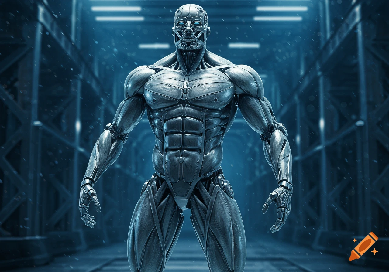 Muscular metallic humanoid robot with blue eyes stands in a dark, futuristic industrial corridor.