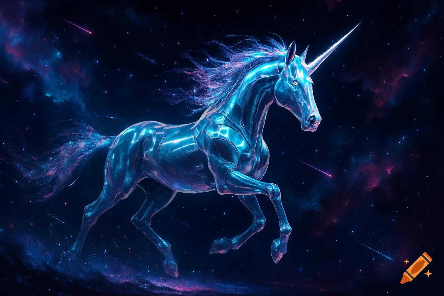 A metallic blue unicorn with a cosmic mane and tail prances through a starry galaxy with colorful nebulae.