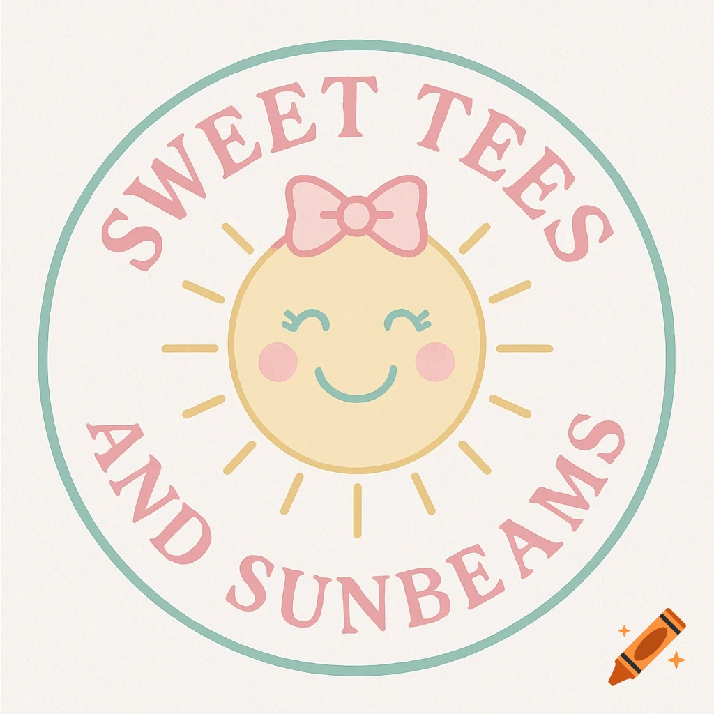 A round pastel logo with the text 'Sweet Tees and Sunbeams' encircling a smiling sun wearing a pink bow.