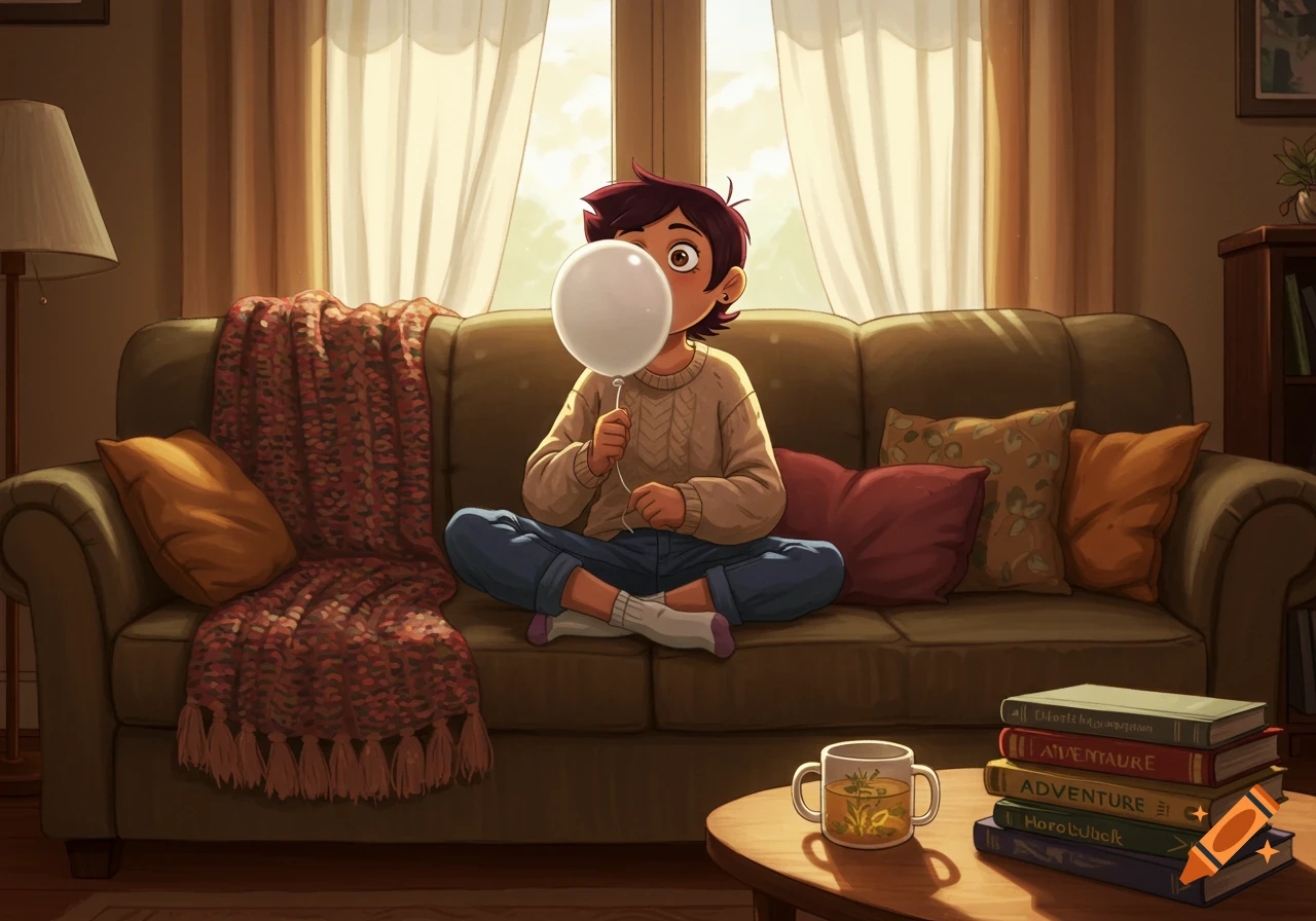 Luz Noceda sits cross-legged on a couch, blowing up a white balloon. She wears a beige sweater and blue jeans. A knitted blanket, pillows, and a window with curtains are visible. On a coffee table, a mug and a stack of books sit next to her.