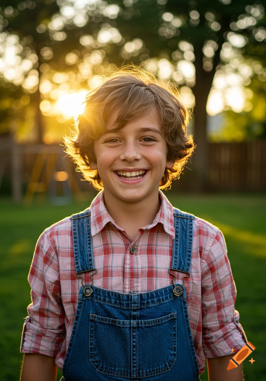 A smiling boy with tousled brown hair wears a plaid shirt and overalls, backlit by golden sunlight in a green backyard.
