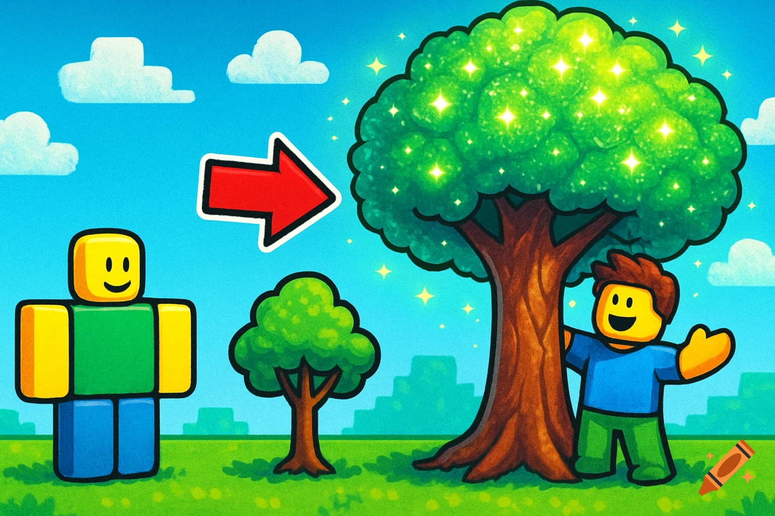 Cartoon Roblox scene with a noob character, a small tree, a red arrow, and another Roblox character with a sparkling giant tree.