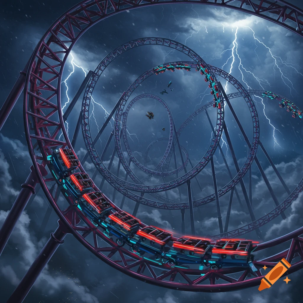 Futuristic neon-lit roller coaster cars on looping tracks under a dramatic, stormy sky with lightning.