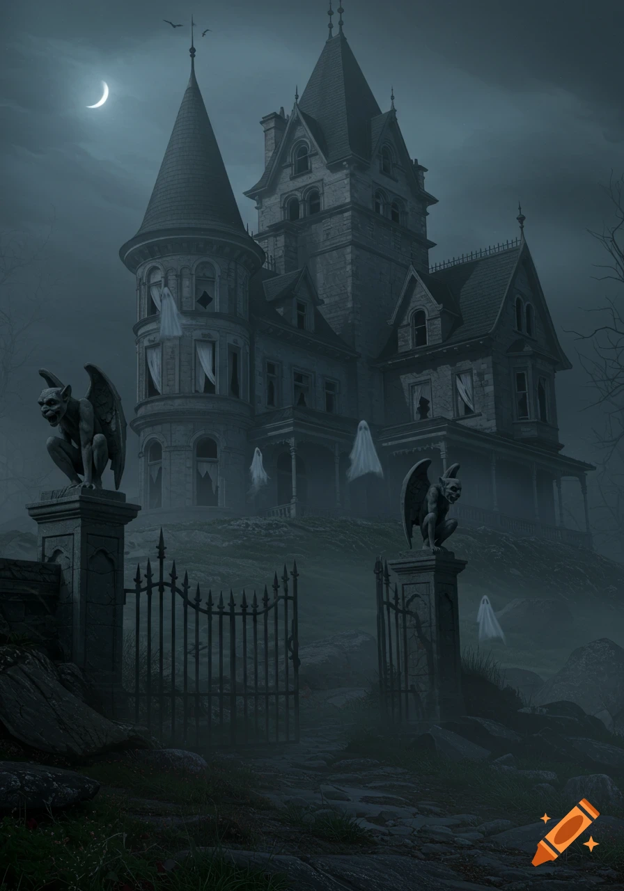 A dark, eerie Victorian haunted mansion with broken windows, white curtains, ghostly figures, and gargoyles at the gate, under a crescent moon.