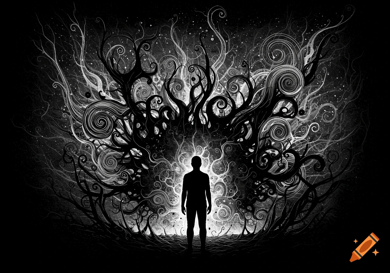 A black and white abstract illustration of a human silhouette standing before intricate, swirling, organic patterns that radiate outward.