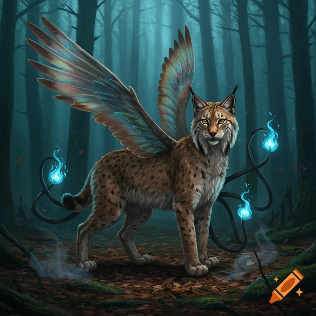 A majestic winged lynx-like creature with iridescent wings and glowing blue flames stands in a dark, misty forest.