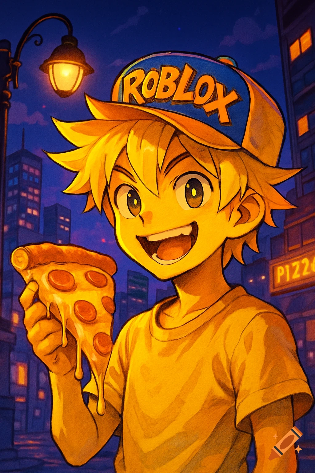 Anime boy with yellow hair and shirt, wearing a Roblox hat, smiling and holding a cheesy pizza slice in a nighttime city.