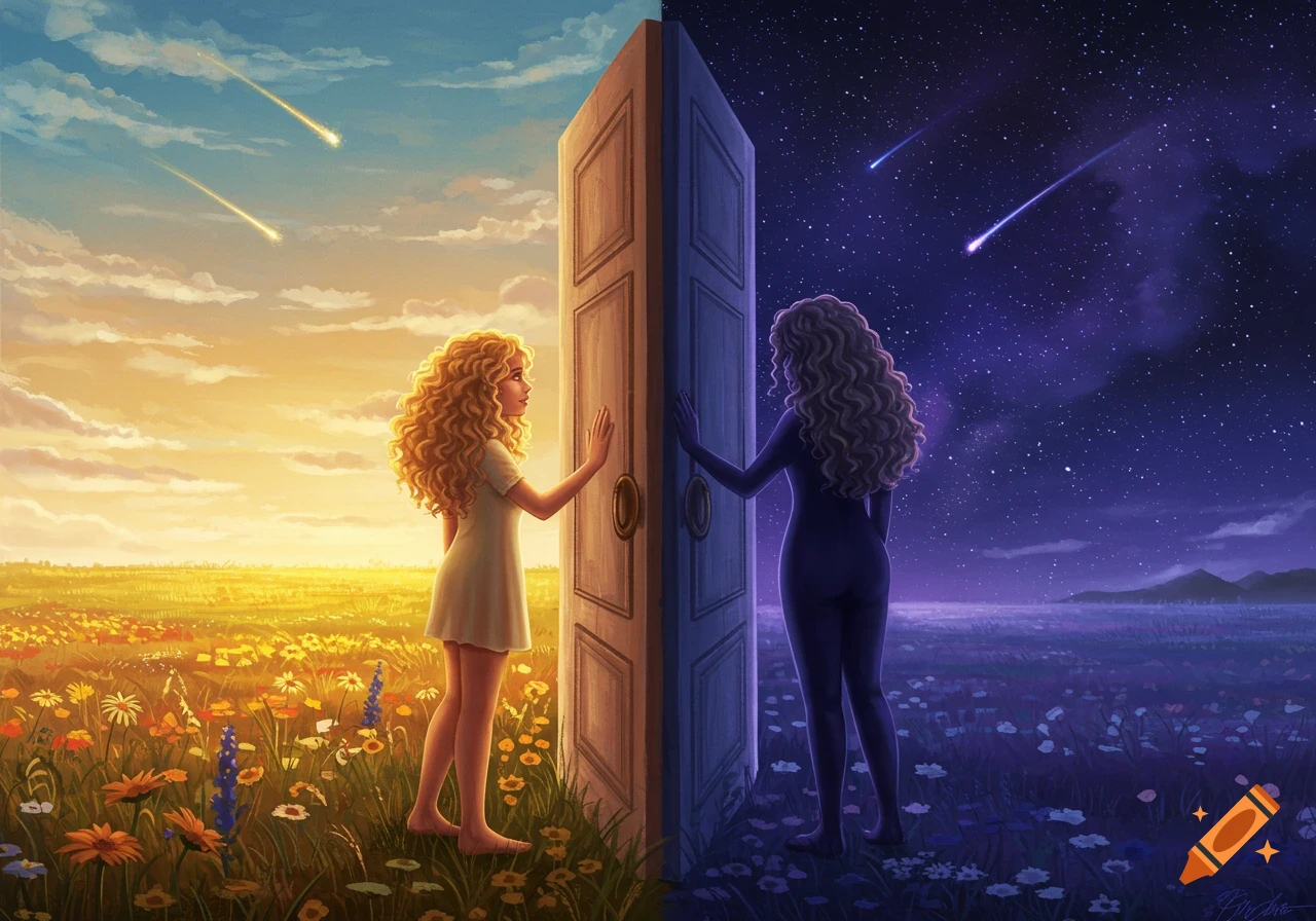 An illustration of a girl in a sunny flower field touching a door, mirrored by a silhouette in a starry night field.