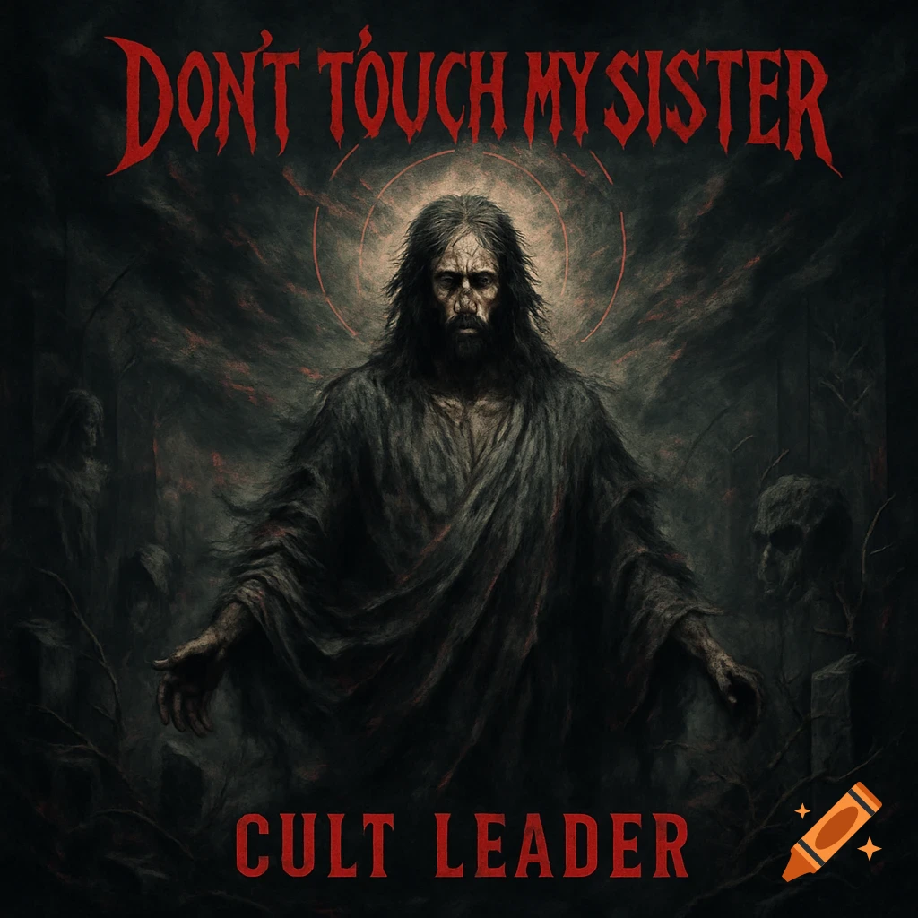 A dark gothic album cover featuring a grim Christ-like figure with text 'DON'T TOUCH MY SISTER' and 'CULT LEADER'.