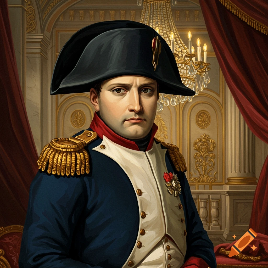 A serious portrait of Napoleon Bonaparte in a military uniform and bicorne hat, standing in an ornate room.