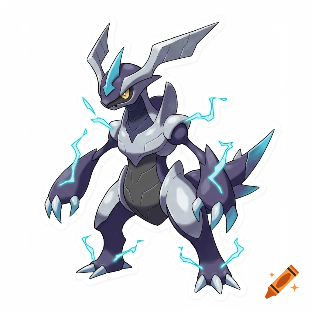 Purple and white robotic dragon Pokémon Miriadon with blue electricity, rendered in a sticker art style.